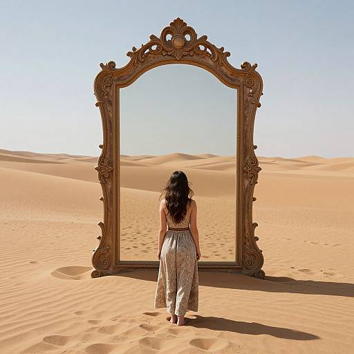 Woman with long black hair in floral dress stands before ornate, empty mirror in sunlit desert, reflecting endless sand dunes.