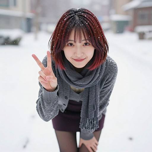 Photograph of a smiling Asian woman with short red hair, wearing a gray scarf and coat, making a peace sign in a snowy urban setting.