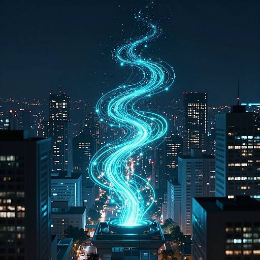 Photograph of a cityscape at night with a glowing, neon-blue, swirling light sculpture centered among tall, lit skyscrapers.