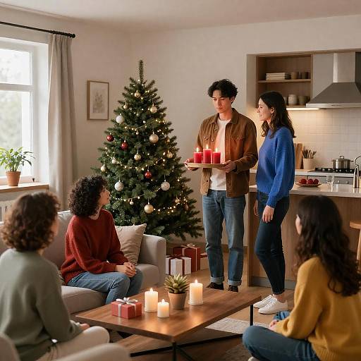 Group Celebrating Christmas in Cozy Living Room
