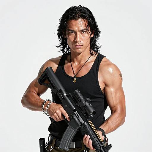 Intense Warrior with Assault Rifle Portrait