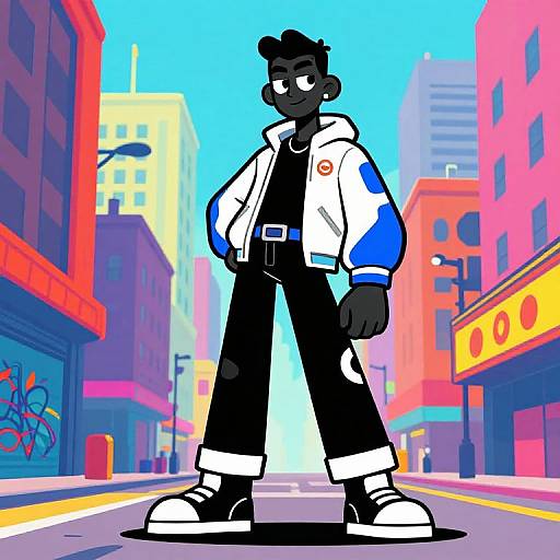 Cartoon-style digital drawing of a black male character with black skin, wearing a white and blue jacket, black pants, and sneakers, standing confidently in