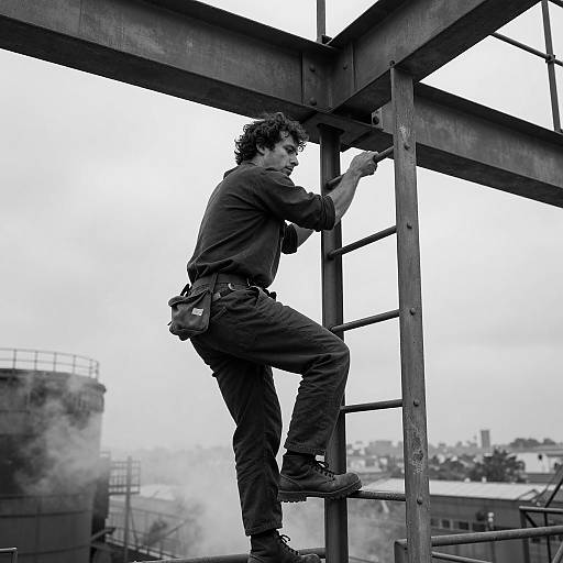 Candid Climb: Industrial Focus in Monochrome