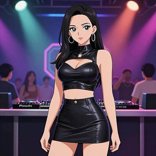 Digital anime-style drawing of a black-haired woman with large breasts in a black leather crop top and mini skirt, standing in a colorful, dimly lit