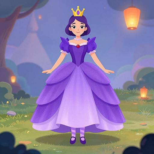 Digital cartoon of a purple-haired princess with a yellow crown, wearing a lavender ball gown and striped stockings, standing in a magical forest with glowing lanterns