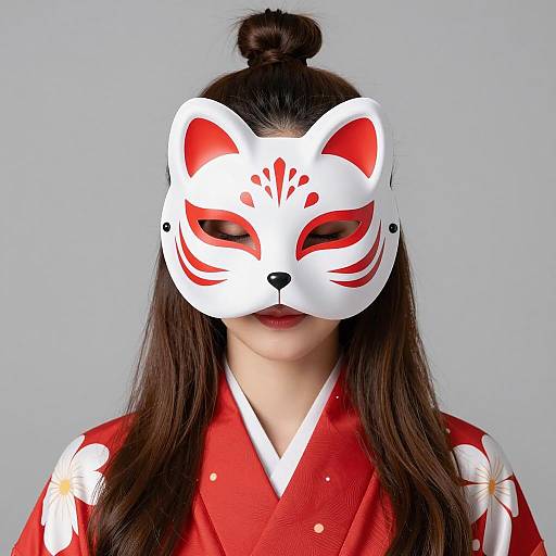 Woman in Japanese Kitsune Mask and Red Kimono