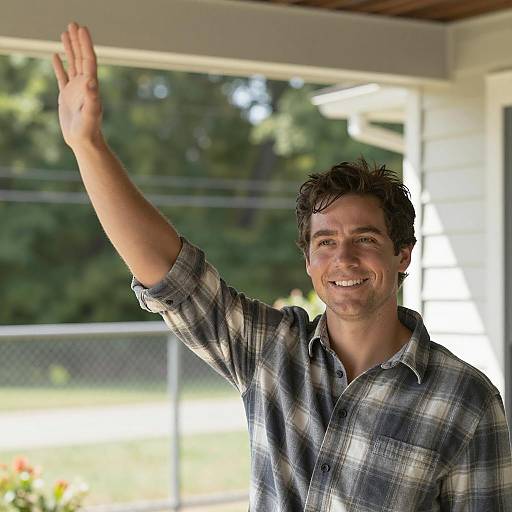 Smiling Man Waving Outdoors