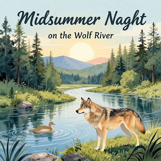 Illustration of a wolf standing by a river, with a duck swimming nearby, under a sunset sky in a forested landscape. Text reads 