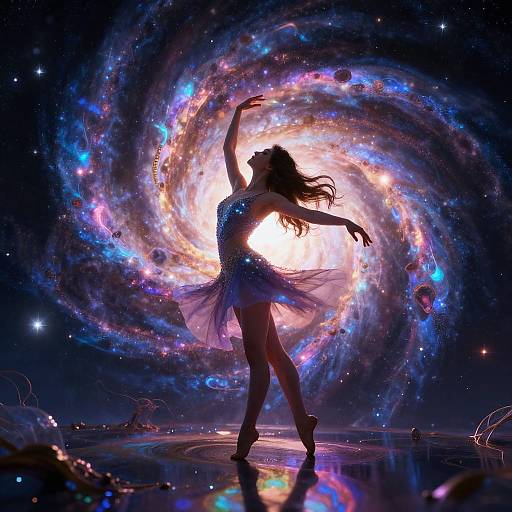 Silhouetted dancer in a flowing dress spins amidst a vibrant, swirling galaxy with bright stars and cosmic colors. Digital art.