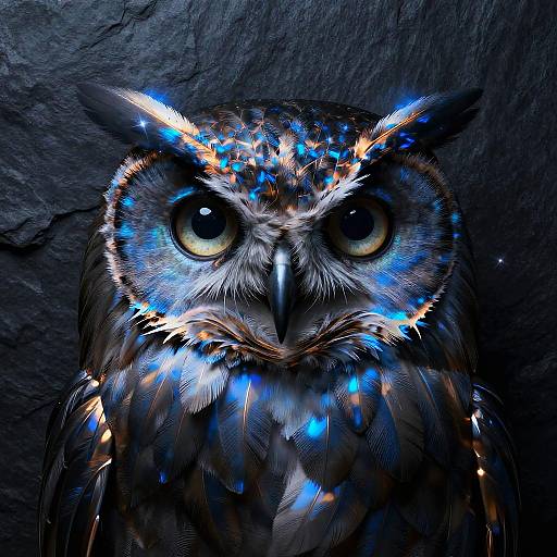 Digital artwork of a glowing, blue and brown owl with large, intense yellow eyes against a dark, textured background. Vibrant, neon-like accents highlight