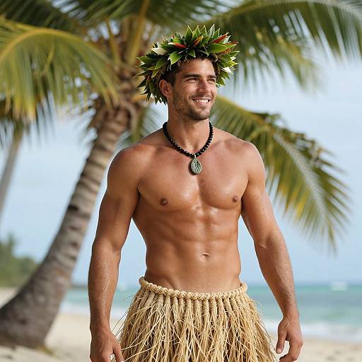 Muscular, smiling man with a leaf crown and black necklace, wearing a grass skirt, stands on a sunny beach with palm trees. Photorealistic