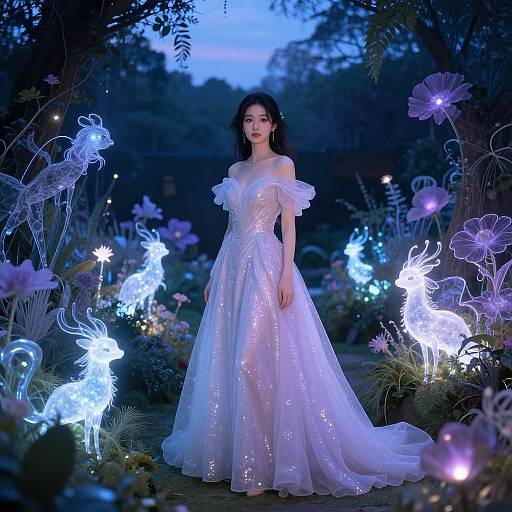 Photograph of a young woman in a shimmering, off-shoulder white gown, standing amidst glowing, ethereal blue and purple fairy lights in