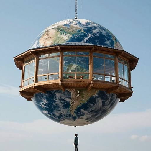 Photograph of a wooden observation dome with glass panels, resembling Earth, suspended by a chain against a clear blue sky. A small figure stands below.