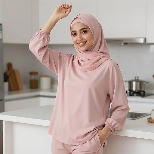 Smiling Woman in Pink Hijab Kitchen