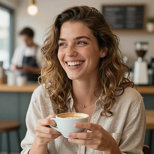 Smiling Woman Enjoying Coffee in Café