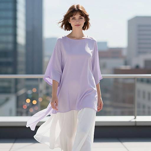 Photograph of a fair-skinned woman with short brown hair, wearing a light purple loose blouse and white pants, standing on a sunlit balcony with