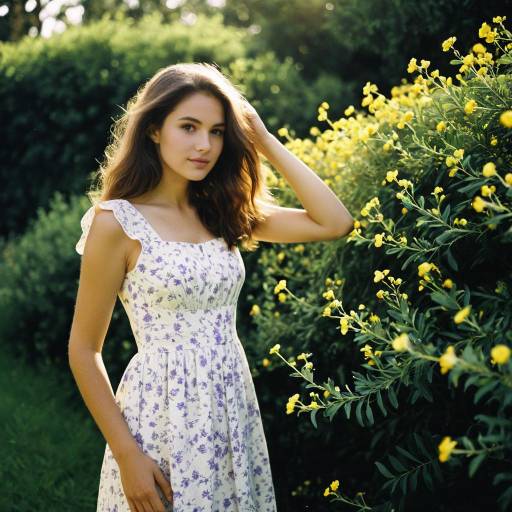 Young Woman in Floral Dress by Yellow Flower Bush