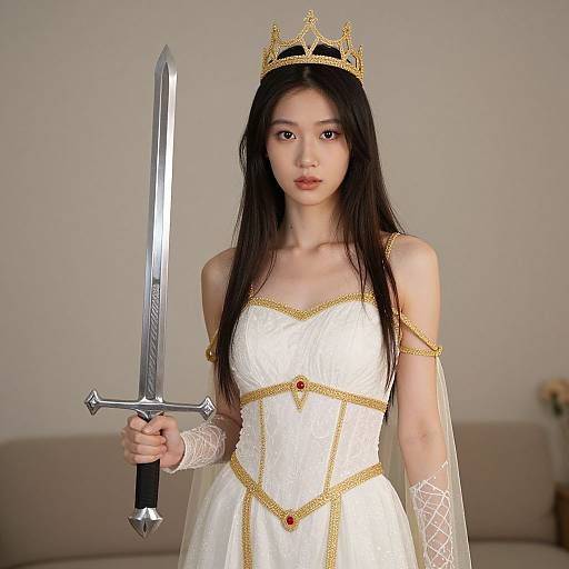 Photograph of an East Asian woman with long black hair, wearing a white and gold medieval-style dress, crown, and holding a sword, against a