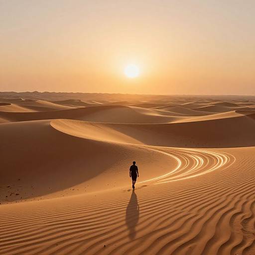 Photograph of a solitary figure walking in a vast, sunlit desert with rippled sand dunes, casting long shadows under a golden sunset.