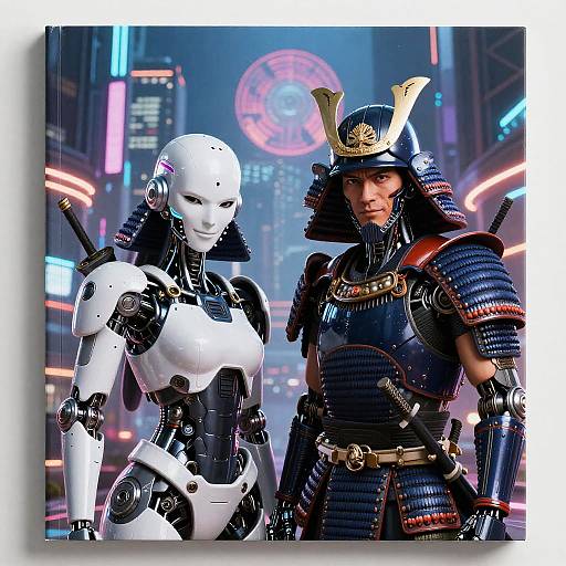 Cybernetic Samurai Duo in Futuristic City