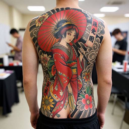 Photograph of a man's back with elaborate Japanese-style tattoo of a red-haired geisha in traditional kimono, surrounded by flowers and clouds, in
