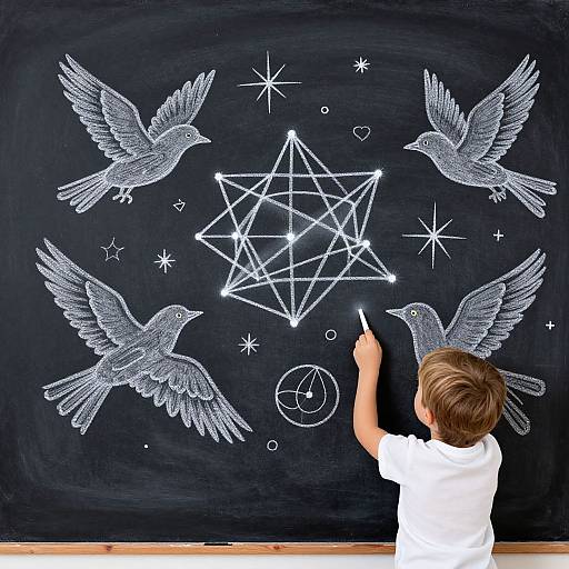 Child drawing white geometric star and four birds on black chalkboard with chalk, wearing white shirt, viewed from behind.