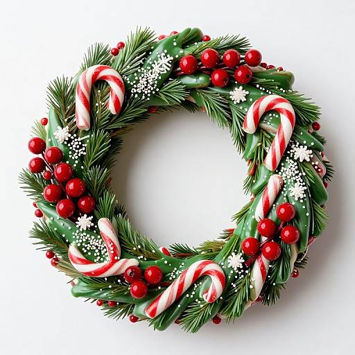 Photograph of a festive Christmas wreath adorned with green pine needles, red berries, white snowflakes, and red-and-white striped candy canes