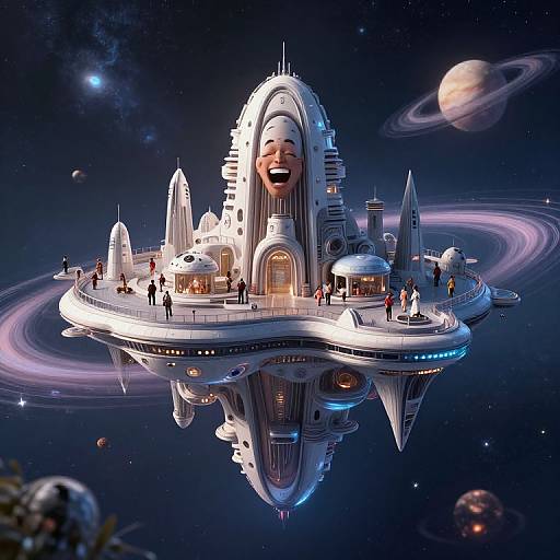 Digital illustration of a futuristic, white space station with a smiling face, floating in a starry galaxy, surrounded by planets and rings. Small figures explore