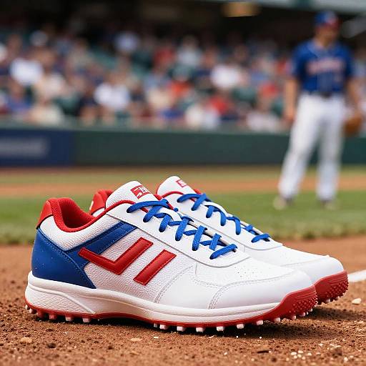 Photograph of white and blue Adidas sneakers with red accents, standing on a baseball field dirt, blurred stadium and player in background.