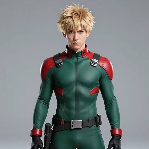 CGI image of a muscular, blonde-haired man in a green, form-fitting suit with red shoulder pads and black gloves, standing against a gray