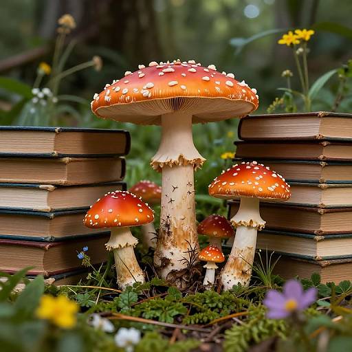 Photograph of vibrant red-and-white-spotted mushrooms surrounded by stacked books, set in a lush, forested meadow with wildflowers and blurred green