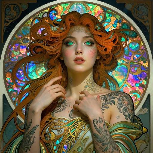 Digital artwork of a tattooed, green-eyed, red-haired woman with flowing hair, standing against a vibrant, circular stained-glass background. She wears