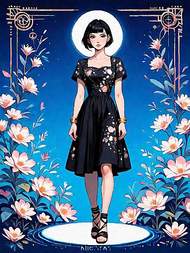 Woman in Black Floral Maxi Dress with Gold Bangles