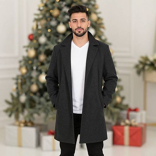 Photorealistic digital image of a bearded man with short black hair, wearing a black coat and white shirt, standing in front of a Christmas tree