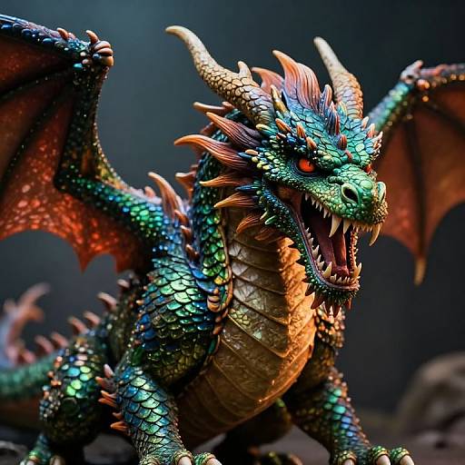 Photorealistic CGI of a fierce, colorful dragon with green scales, red-orange wings, and sharp horns, roaring with glowing red eyes against a dark