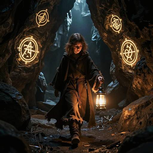 Photograph of a young girl with long brown hair, wearing dark medieval clothing, holding a lantern, walking through a dimly lit cave adorned with glowing