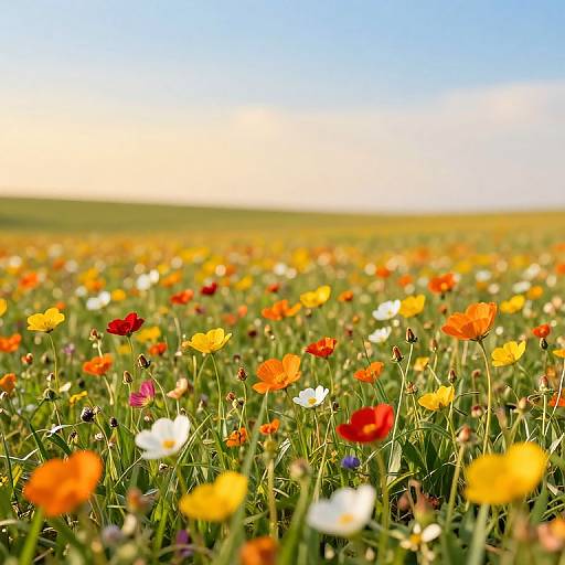 Vibrant photograph of a vast field filled with colorful poppies, including red, orange, yellow, and white, under a clear blue sky.