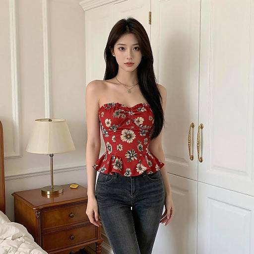 Elegant Woman in Floral Top Bedroom