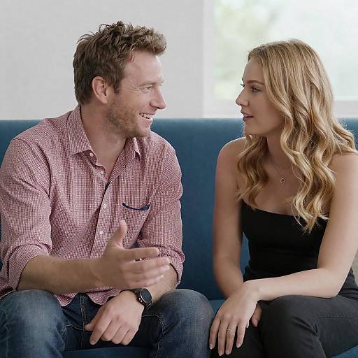 Engaging Conversation on a Blue Couch