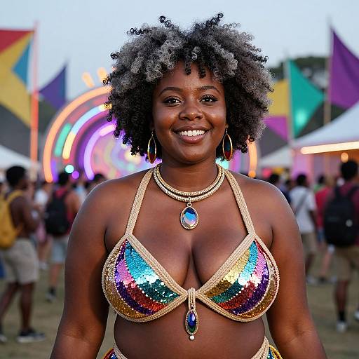 Photograph of a smiling Black woman with curly hair, wearing a sequined gold bikini top with blue pendant, in a colorful, lively festival background.