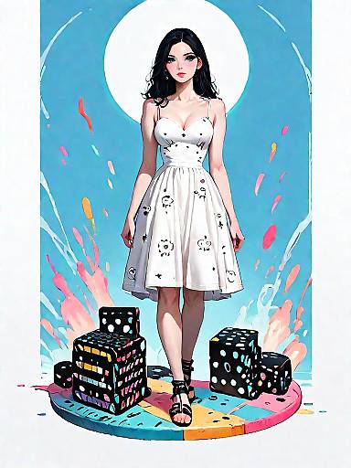 Stylish Woman in White Dress with Abstract Background