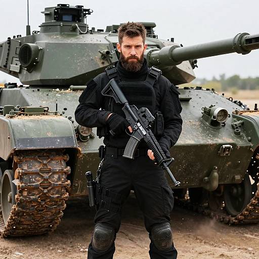 Soldier in Tactical Gear with Military Tank