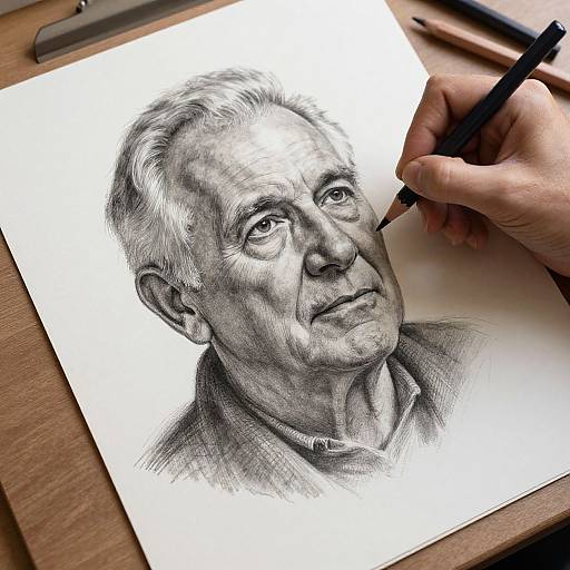 Pencil sketch of an elderly man with wrinkled skin, short white hair, and a contemplative expression, drawn by a hand holding a pen on
