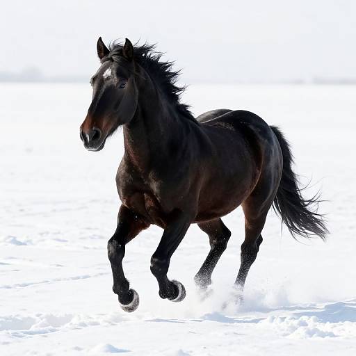 Photograph of a powerful, black horse with a glossy coat, mane flowing, and hooves kicking up snow, against a stark white background.