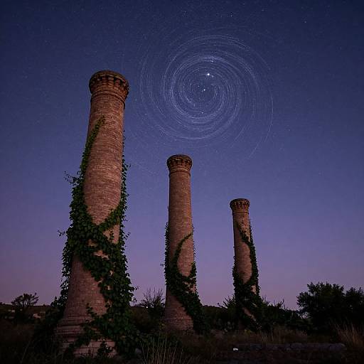 Photograph of three tall, brick chimneys with vines, under a twilight sky with a starry, circular galaxy above.
