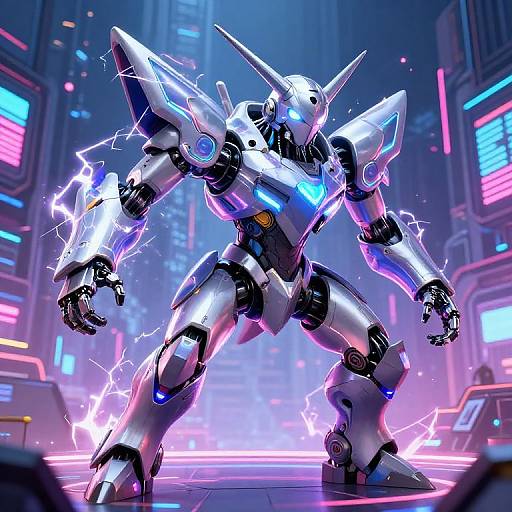 CGI image of a powerful, white and blue, glowing robot with lightning bolts, standing in a neon-lit, futuristic cityscape.