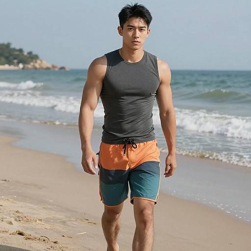 Photograph of a muscular Asian man with short black hair, wearing a gray tank top and orange-blue shorts, walking on a sandy beach with gentle waves
