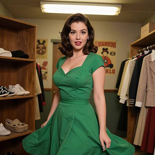 Vintage-style photograph of a brunette woman with wavy hair, wearing a green, V-neck dress, in a retro clothing store.