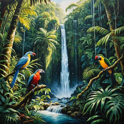 Tropical Rainforest with Exotic Birds and Waterfalls