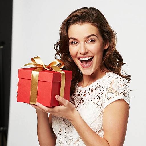 Photograph of a smiling woman with brown wavy hair, wearing a white lace top, holding a red gift box with a gold ribbon, set against